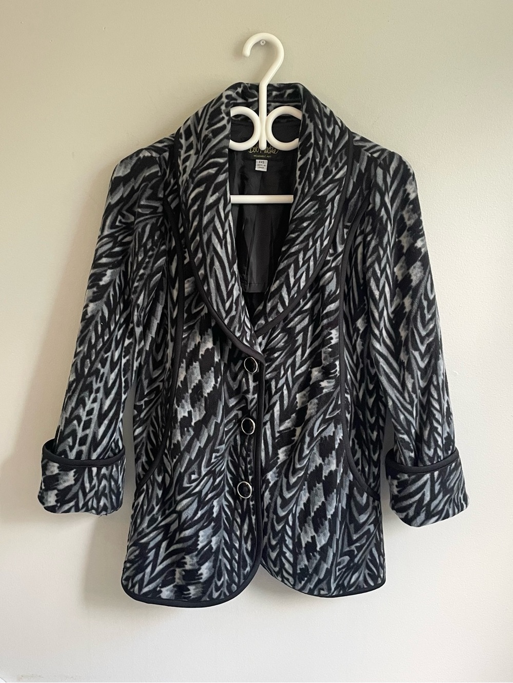BOB MACKIE FLEECE JACKET BUTTONS POCKETS COLLAR BLACK GREY COLLAR ROLL CUFFS
